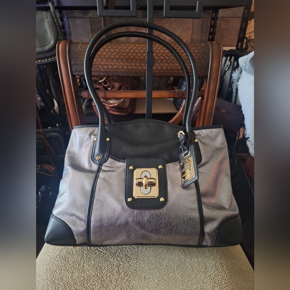 B. Makowsky Silver Metallic Leather with Black Trim and Mixed Metals Hardware